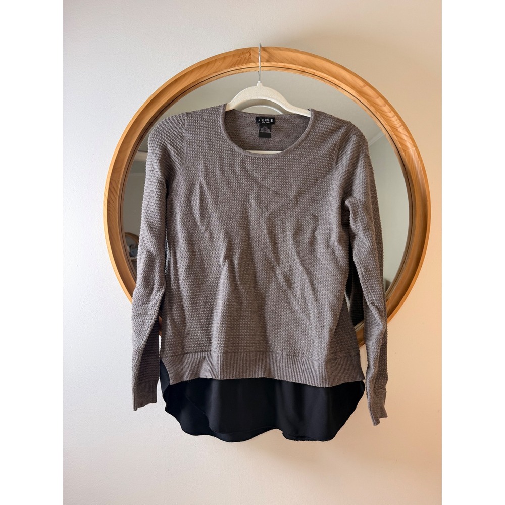 J'Envie Sweater Women XS Grey Excellent Layered Mixed Media Chiffon Hem Knit